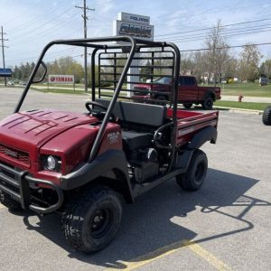2023 Kawasaki Mule™ 4010 4×4 MEET THE NO-NONSENSE, MID-SIZE POWERHOUSE You dont quit during a hard days work, and neither does the Kawasaki MULE™ 4000 and MULE™ 4010 4×4 side x sides. These mid-size, high capacity, two-passenger vehicles have the muscle and endurance for a full days work, plus the towing and cargo capacity to take the heavy load off your shoulders. Features include: POWER GET THE JOB DONE MULE™ 4000 and MULE™ 4010 side x sides deliver muscle with a dependable, fuel-injected 617cc V-twin engine. The smooth-running liquid-cooled four-stroke starts easily whether it’s hot or cold and provides steady torque for smooth, responsive power when you need it. DRIVETRAIN KEEP UP THE POWER Automatic Continuously Variable Transmission (CVT) puts the power to the ground. MULE™ 4010 side x sides are available in 2WD or selectable 4WD and feature a dual-mode rear differential for added traction when needed. CHASSIS STRONG FOUNDATION Steel tube ladder-type frame is the sturdy foundation of Kawasaki MULE™ side x sides. Optimized rigidity contributes to traction, stability and ride comfort while the Roll Over Protective Structure (ROPS) and steel front bumper provide a rugged external structure. CAPABILITY TAKE A LOAD OFF Independent MacPherson strut-type front suspension and DeDion rear suspension provide a firm and predictable platform that is ideal for a work-oriented side x side. Tow up to 1,200 lbs. and carry up to 800 lbs. in the cargo bed. Electric Power Steering (EPS)